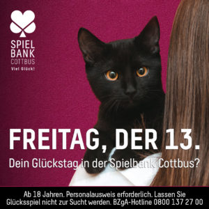 Zu sehen ist ist auf magentafarbenem Hintergrund das Foto einer schwarzen Katze mit orangefarbenen Augen, die mit den Vorderpfoten auf der Schulter einer brünetten Person in weißem Oberteil hängt. Die Person ist stark angeschnitten und von hinten zu sehen. Die Katze schaut in die Kamera. Beworben wird damit die Aktion zum Freitag den 13.